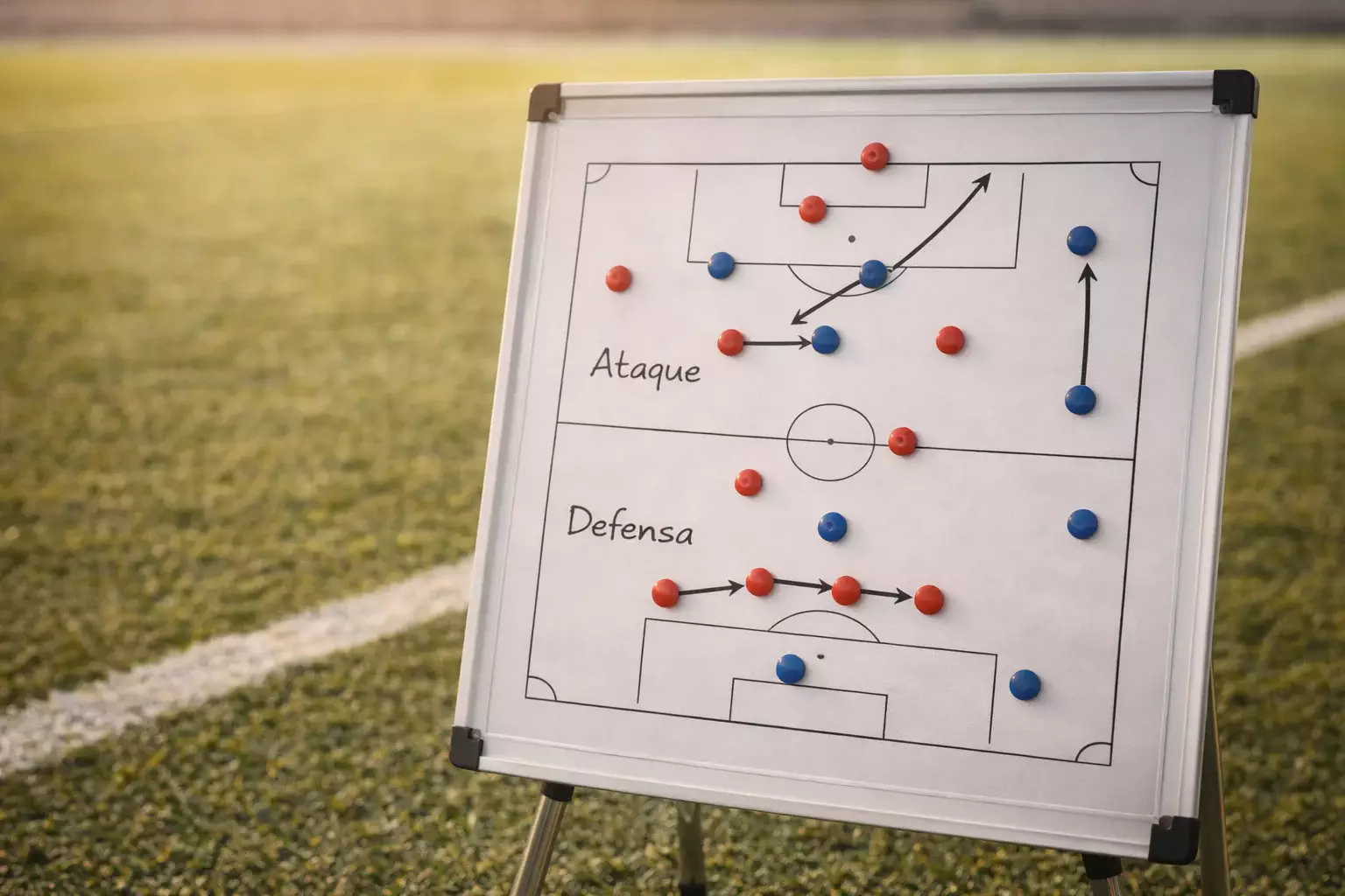 Pizarra táctica con formaciones de fútbol dibujadas junto al borde de un campo de césped