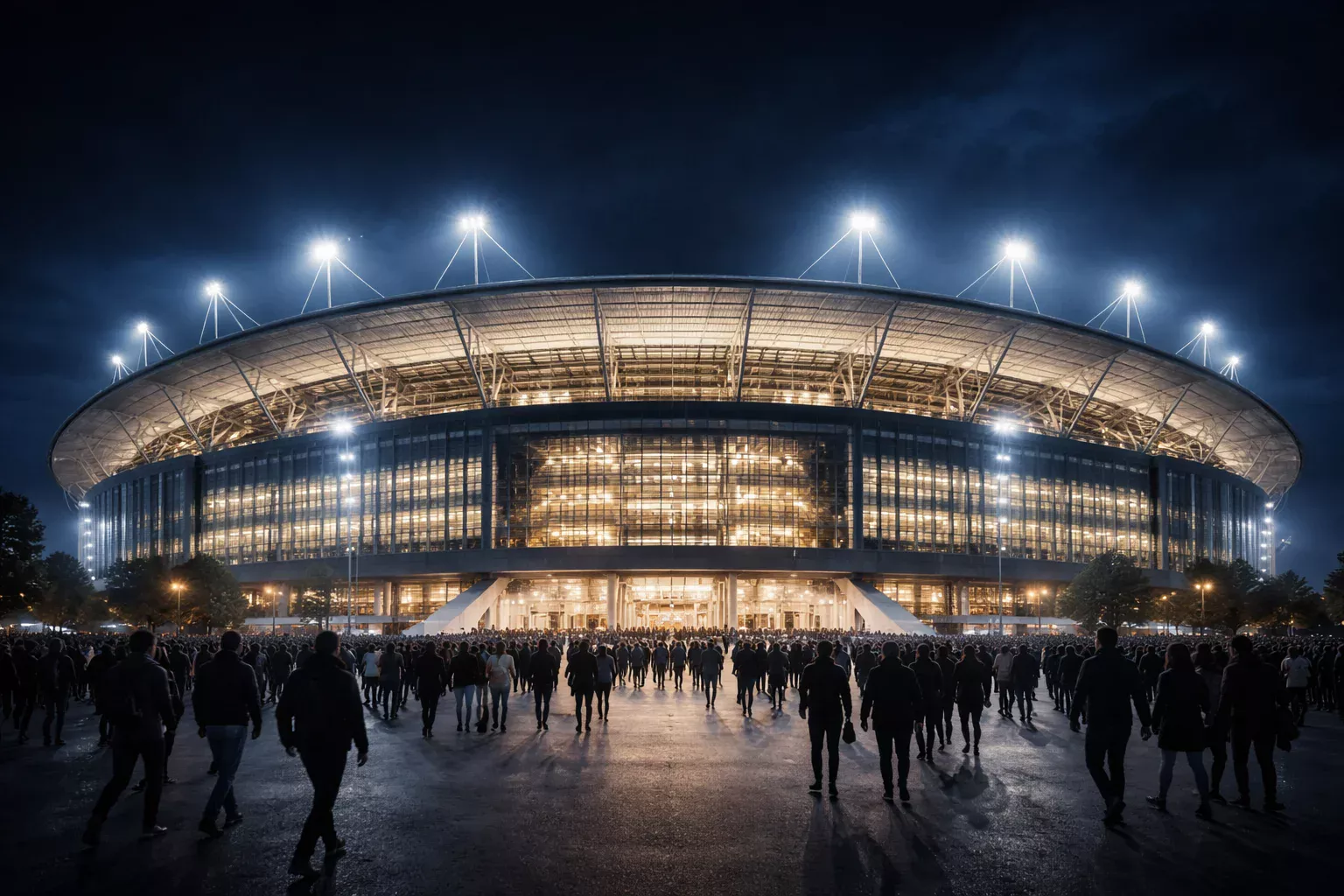 Estadio Santiago Bernab&eacute;u iluminado durante un partido nocturno
