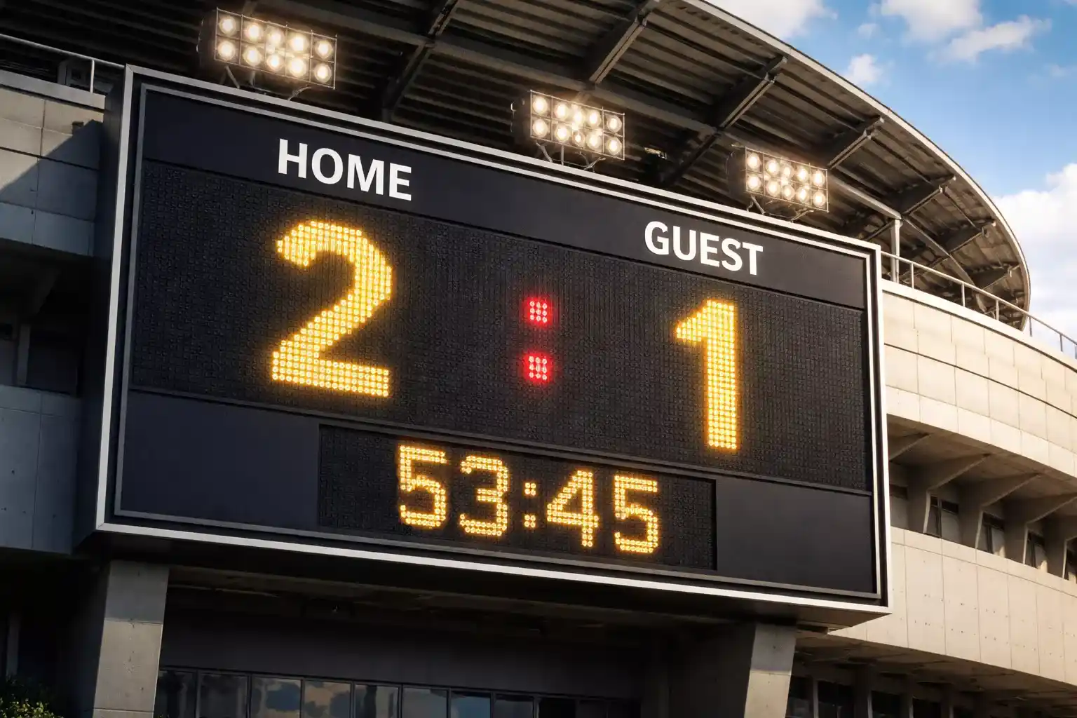 Marcador de estadio mostrando resultado de partido de f&uacute;tbol