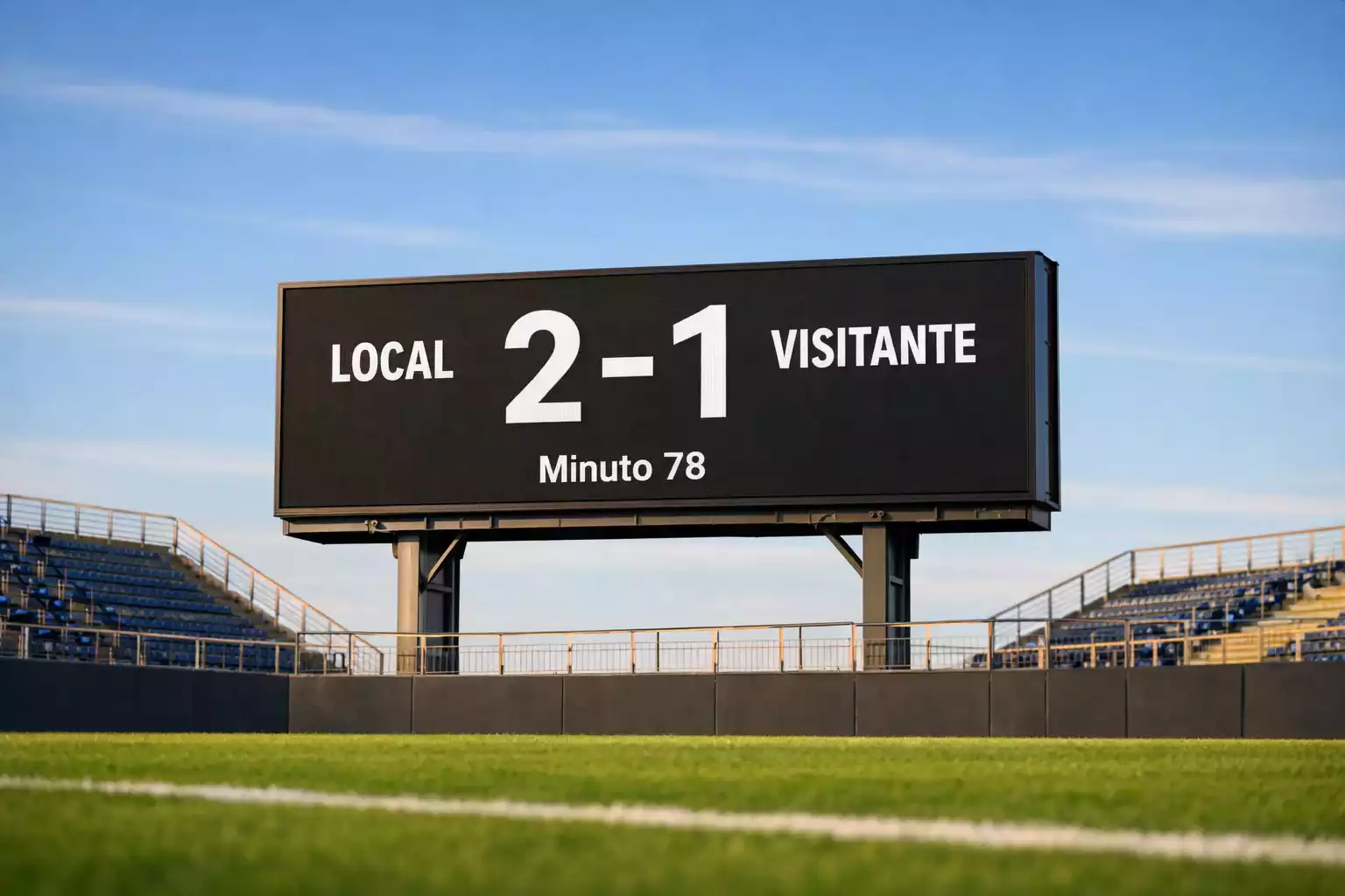 Marcador de un estadio de fútbol mostrando el resultado de un partido bajo cielo despejado