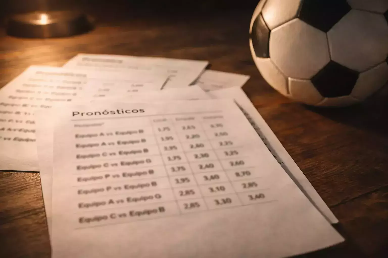 Varios boletos de apuestas desplegados sobre una mesa junto a un balón de fútbol