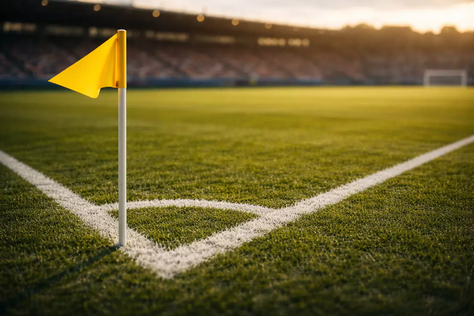 Banderín de córner ondeando en la esquina de un campo de fútbol profesional al atardecer