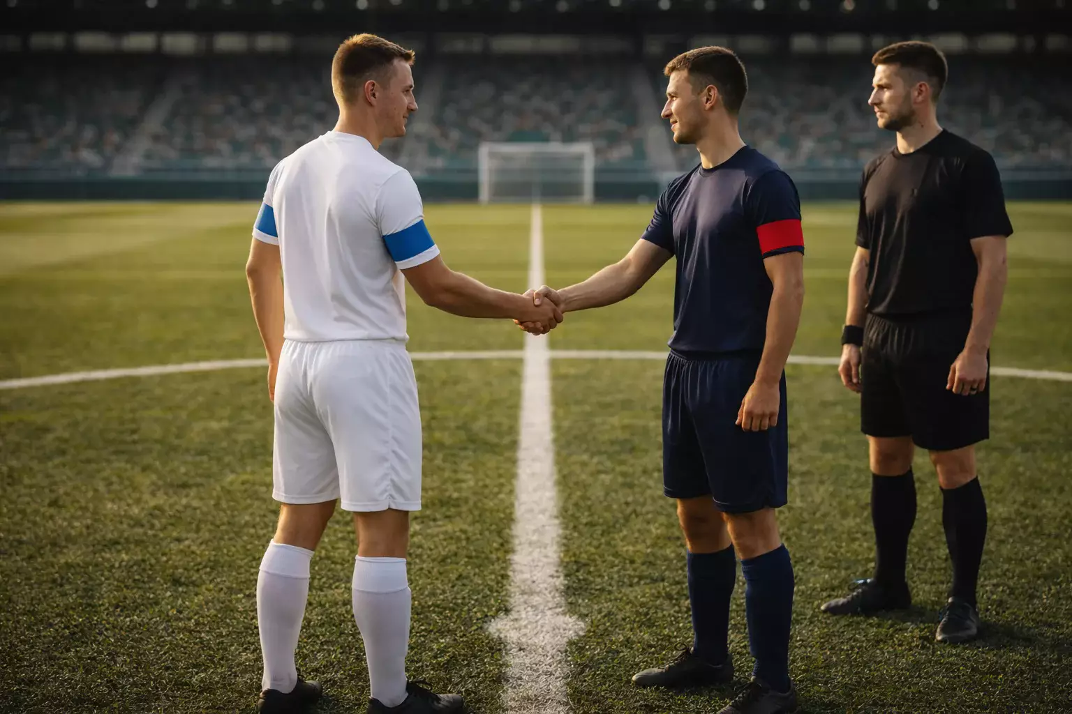 Dos capitanes de fútbol estrechándose la mano en el centro del campo antes de un partido