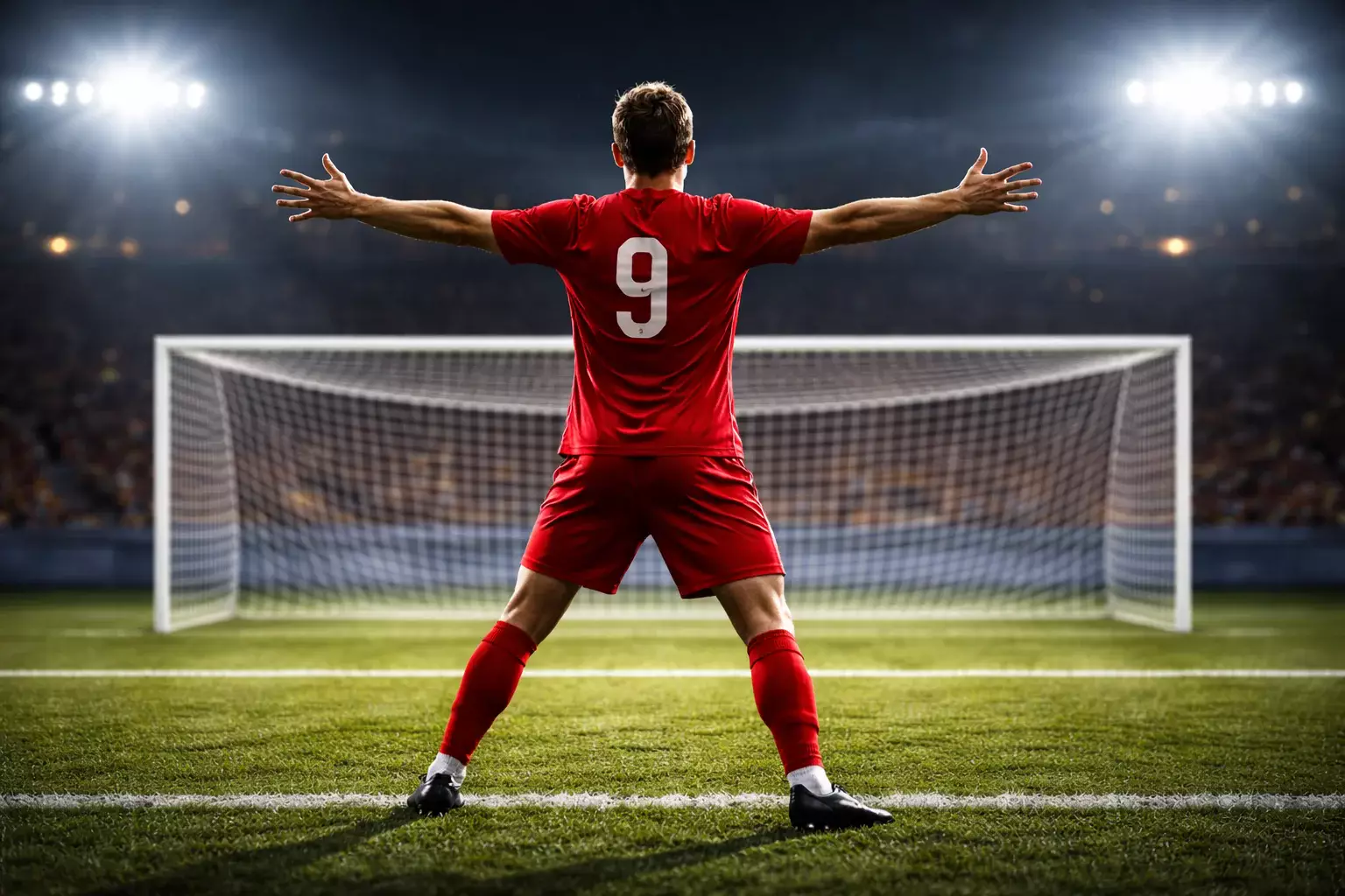 Jugador de fútbol celebrando un gol con los brazos abiertos frente a la portería rival