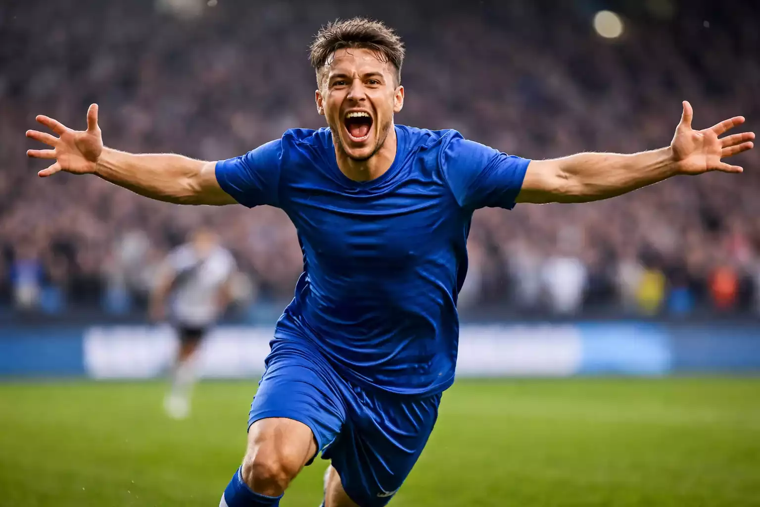 Delantero de f&uacute;tbol celebrando un gol con los brazos abiertos