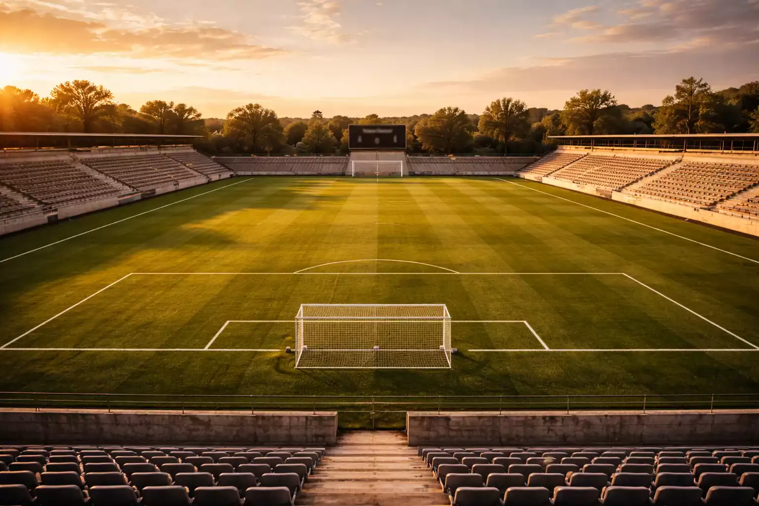 Pequeño estadio de fútbol con gradas modestas y un campo de césped bien cuidado al atardecer