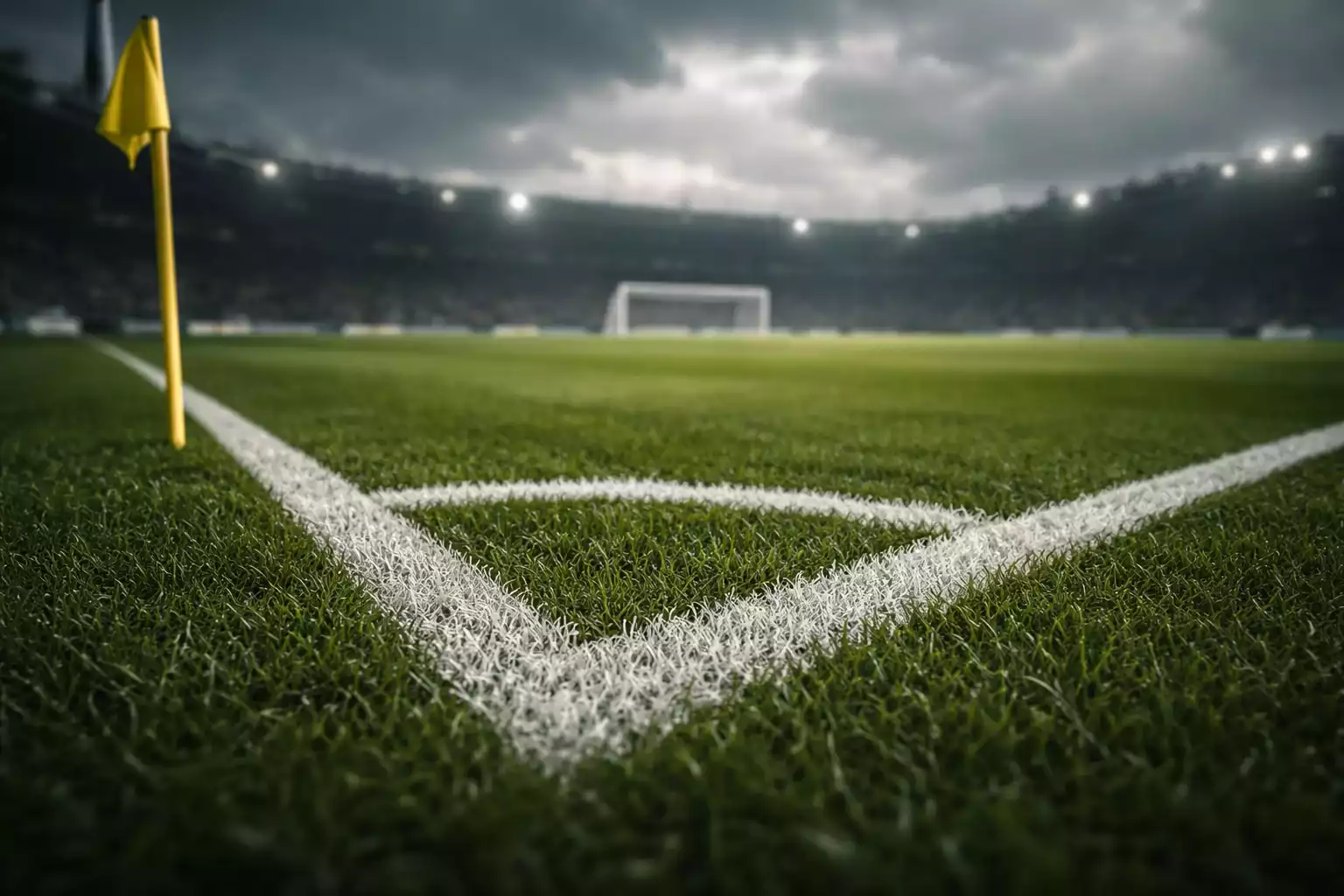 Campo de fútbol de césped verde intenso con líneas blancas visto desde la esquina del córner