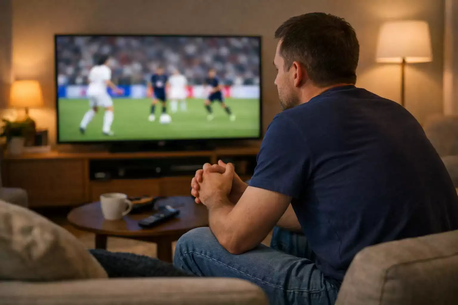 Persona concentrada viendo partido de f&uacute;tbol en televisi&oacute;n