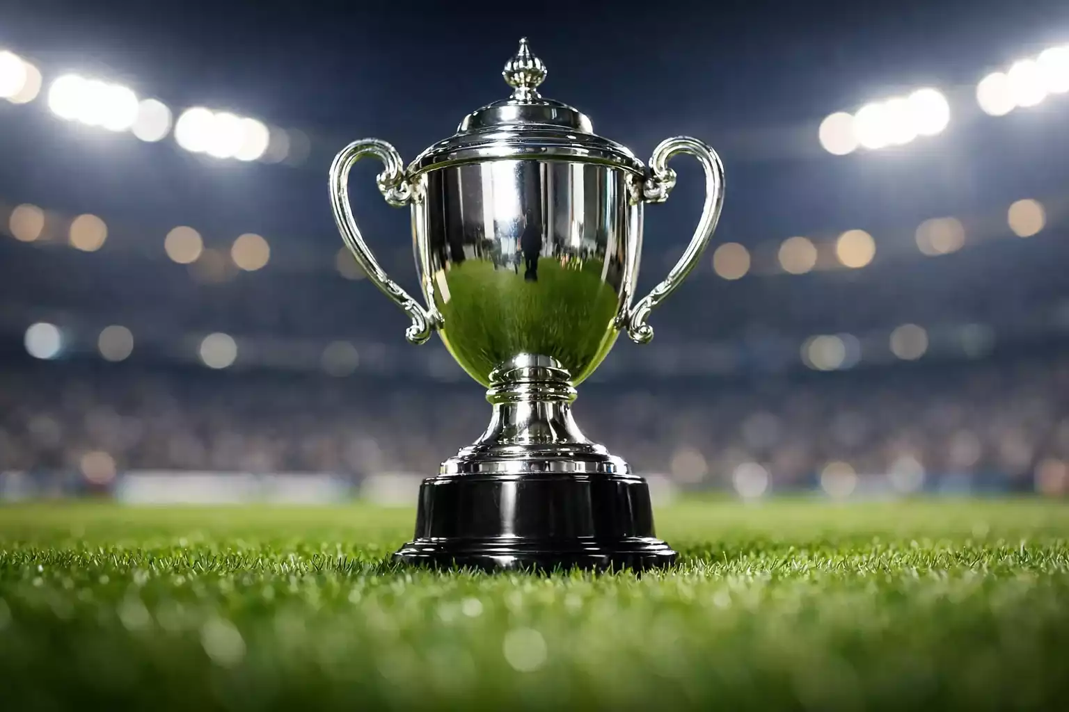 Trofeo de copa de f&uacute;tbol sobre c&eacute;sped verde de estadio
