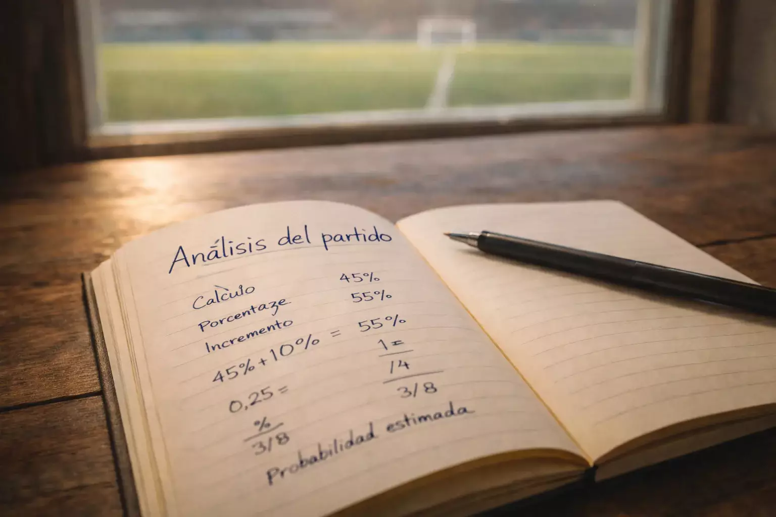 Cuaderno abierto con fórmulas matemáticas escritas a mano junto a un campo de fútbol al fondo