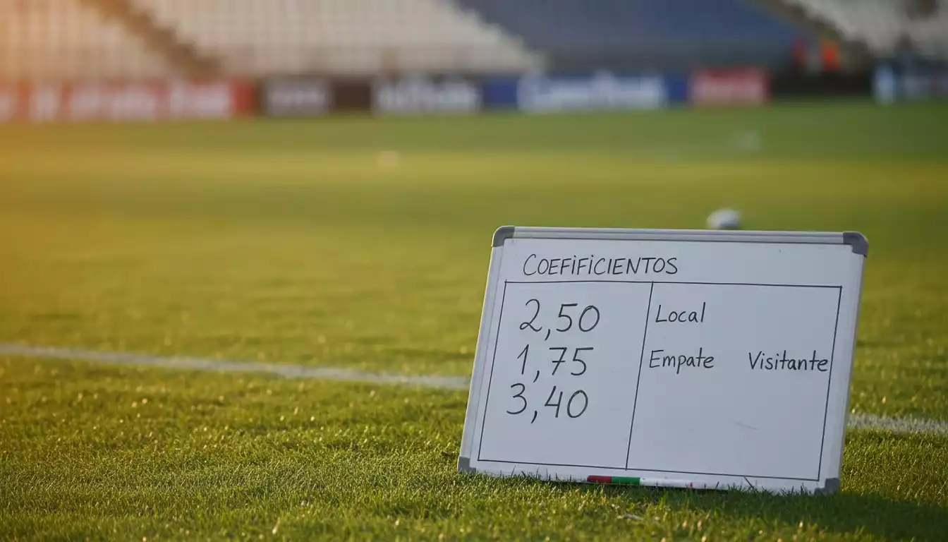 Pizarra junto a un campo de fútbol mostrando cuotas de apuestas en formato decimal
