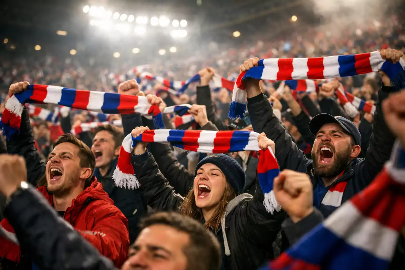 Aficionados de f&uacute;tbol animando con bufandas en las gradas del estadio