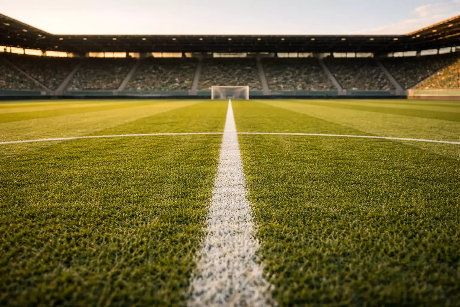 Vista panorámica de un campo de fútbol dividido por la línea central con ambas porterías visibles