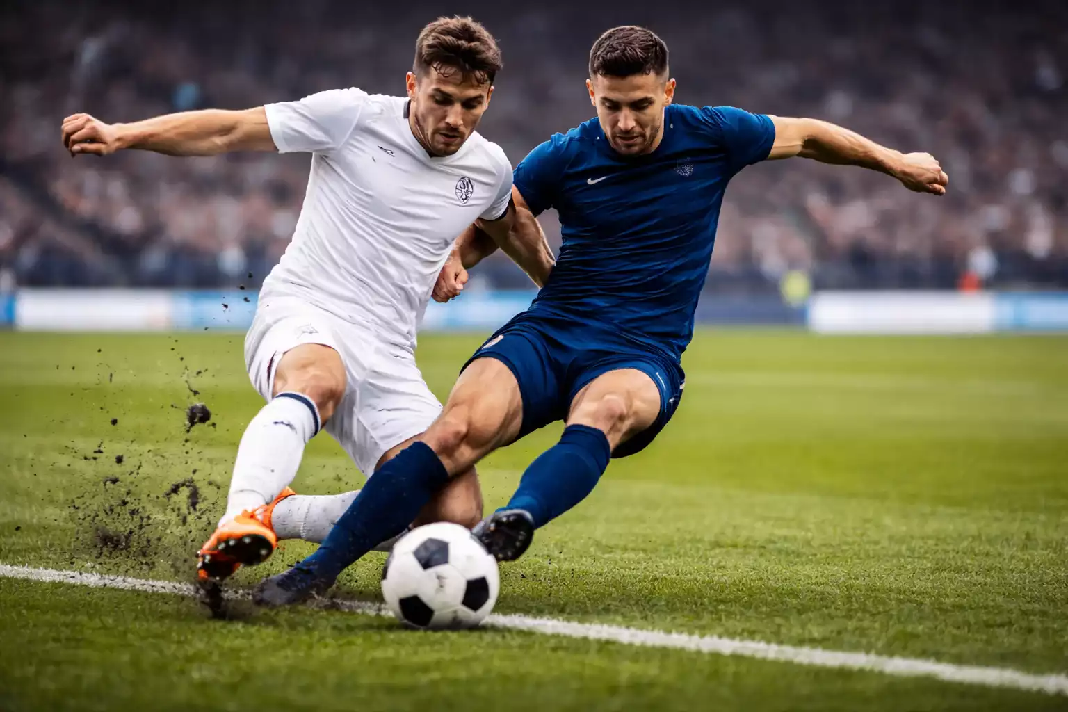 Jugadores de dos equipos rivales disputando el bal&oacute;n en el centro del campo