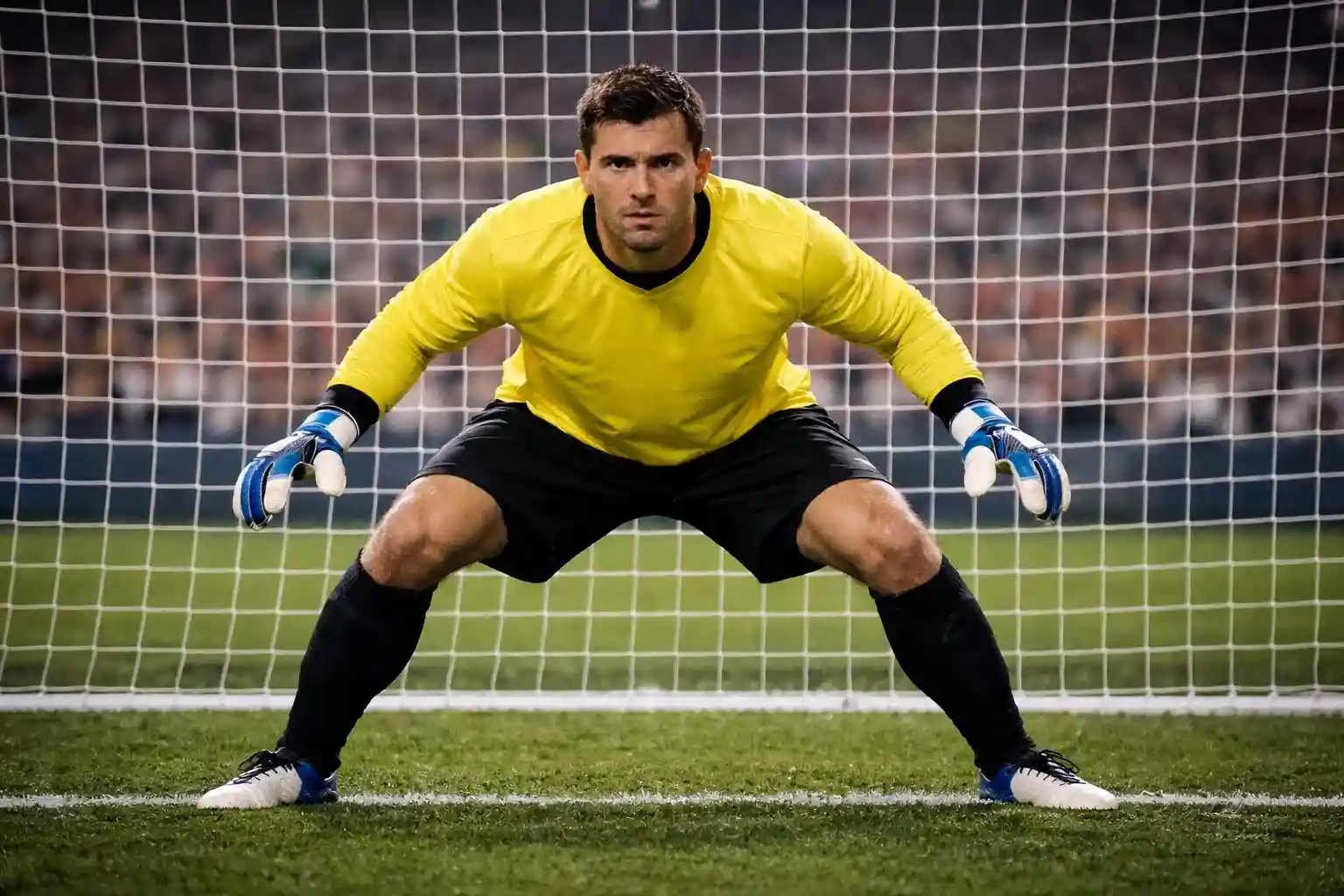 Portero de f&uacute;tbol preparado para defender en un partido decisivo