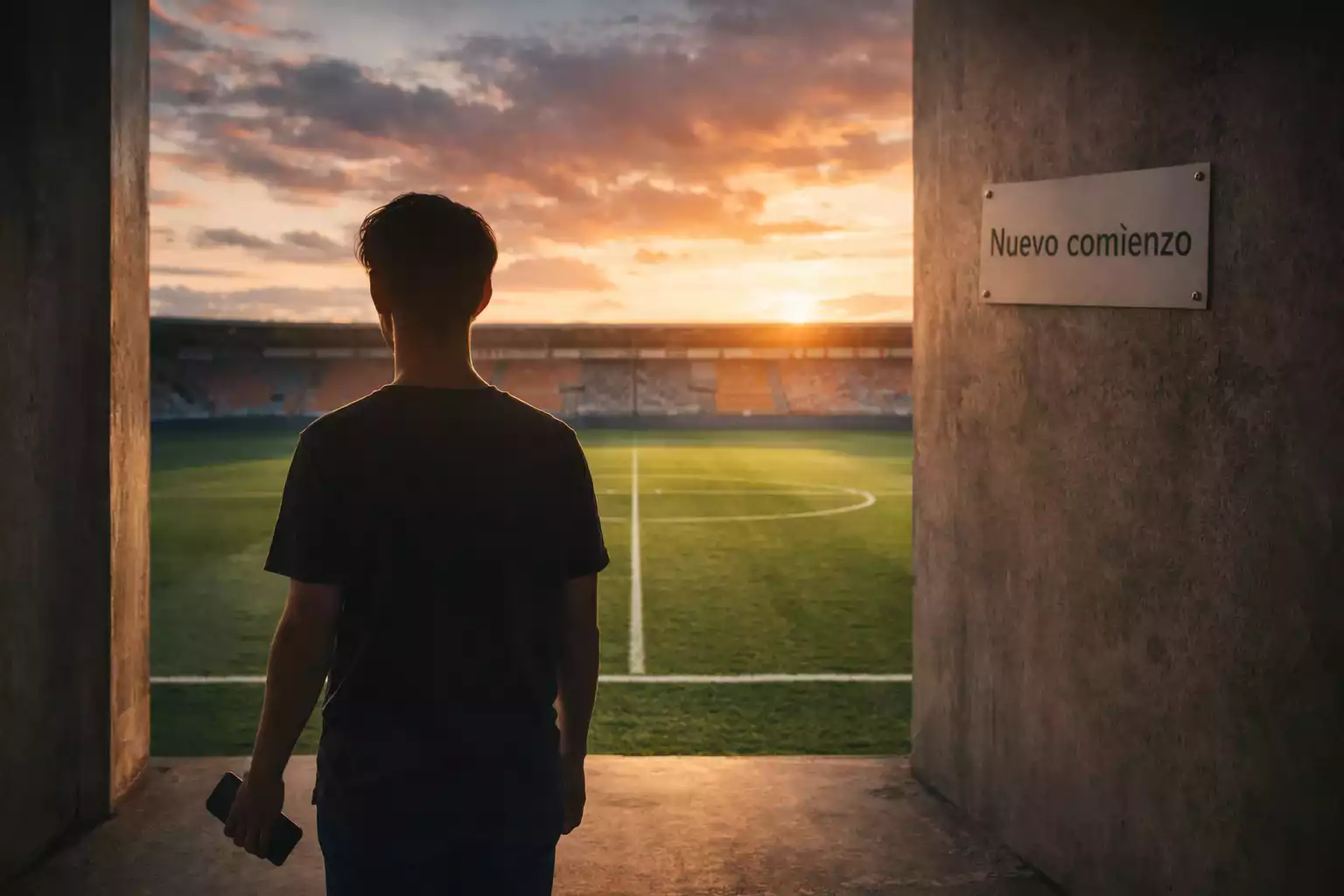 Persona con un móvil en la mano frente a un campo de fútbol al atardecer