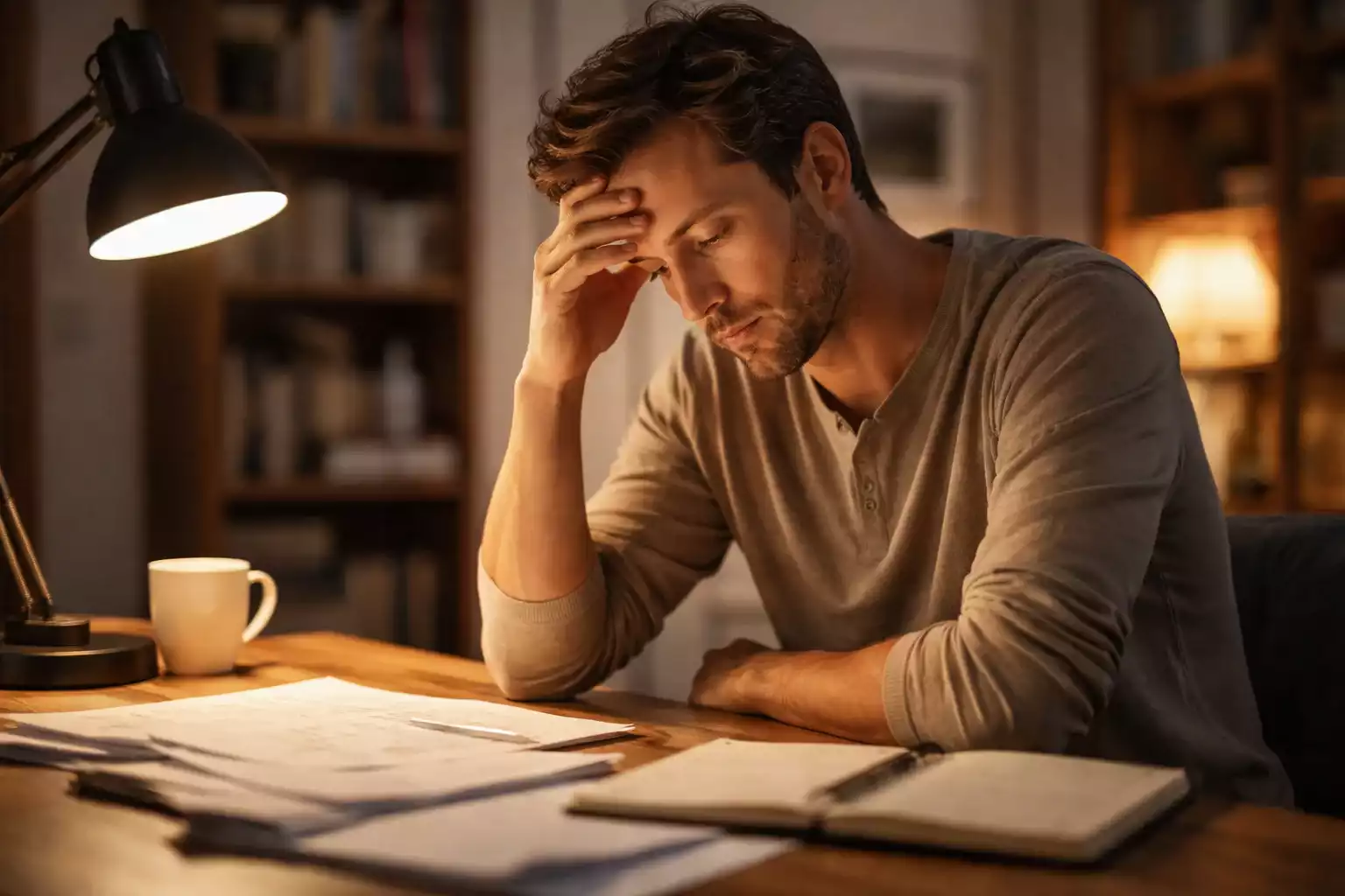 Persona reflexionando frente a un escritorio con documentos