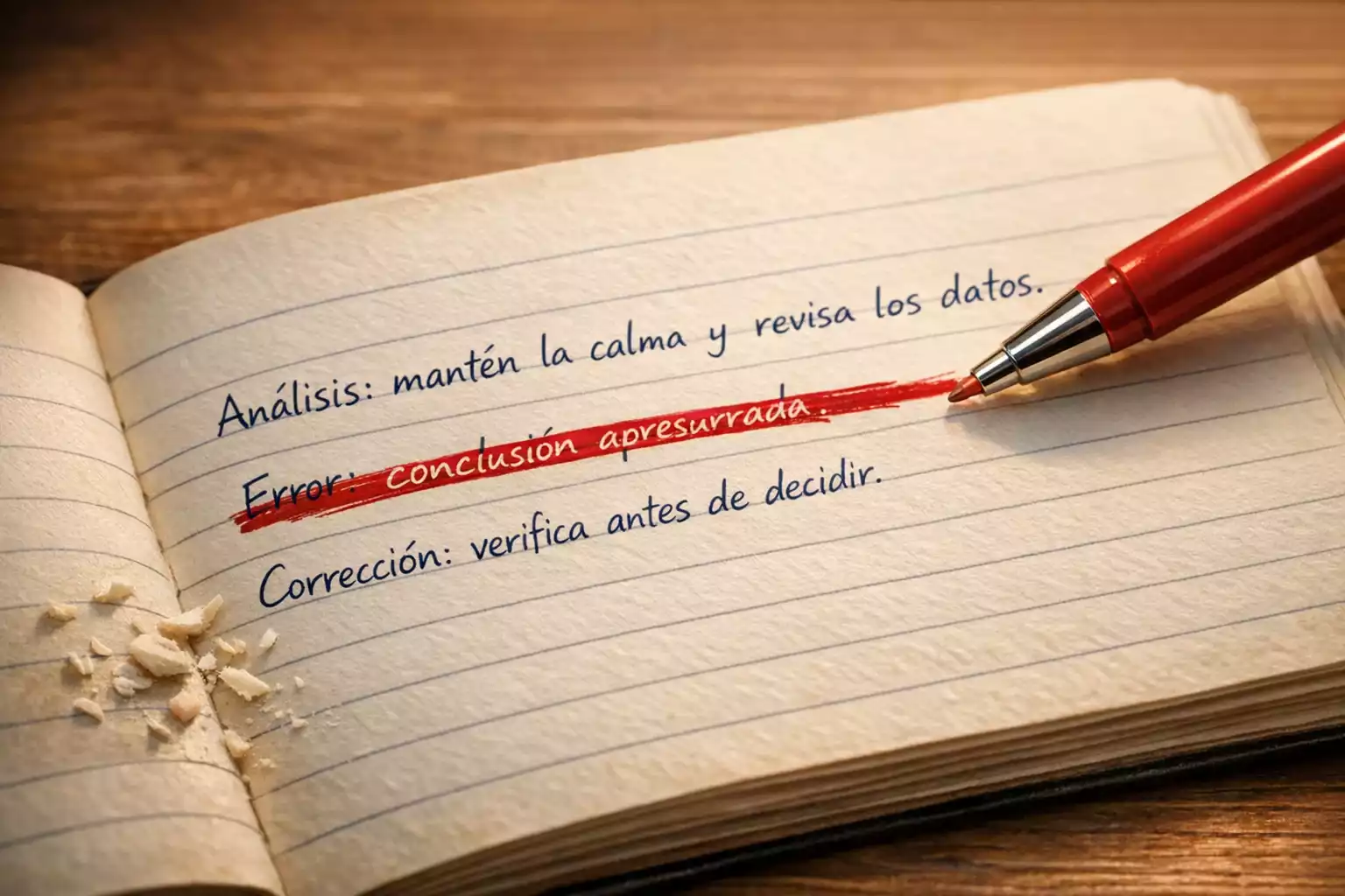 Bolígrafo rojo tachando líneas en un cuaderno de notas sobre un escritorio de madera