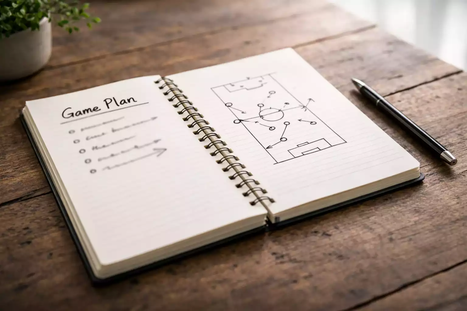 Libreta con anotaciones junto a un bolígrafo sobre una mesa de madera