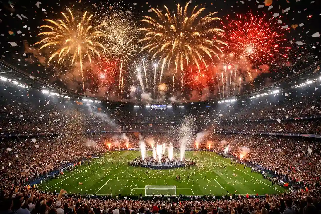 Estadio lleno para una final de f&uacute;tbol con fuegos artificiales