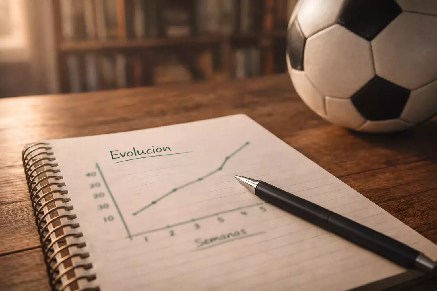 Cuaderno con gráfico de evolución del bankroll dibujado a mano junto a un balón de fútbol