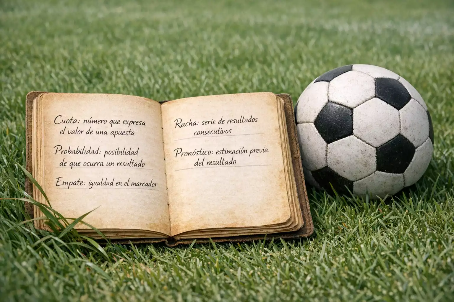 Cuaderno abierto con terminología de apuestas junto a un balón de fútbol sobre césped
