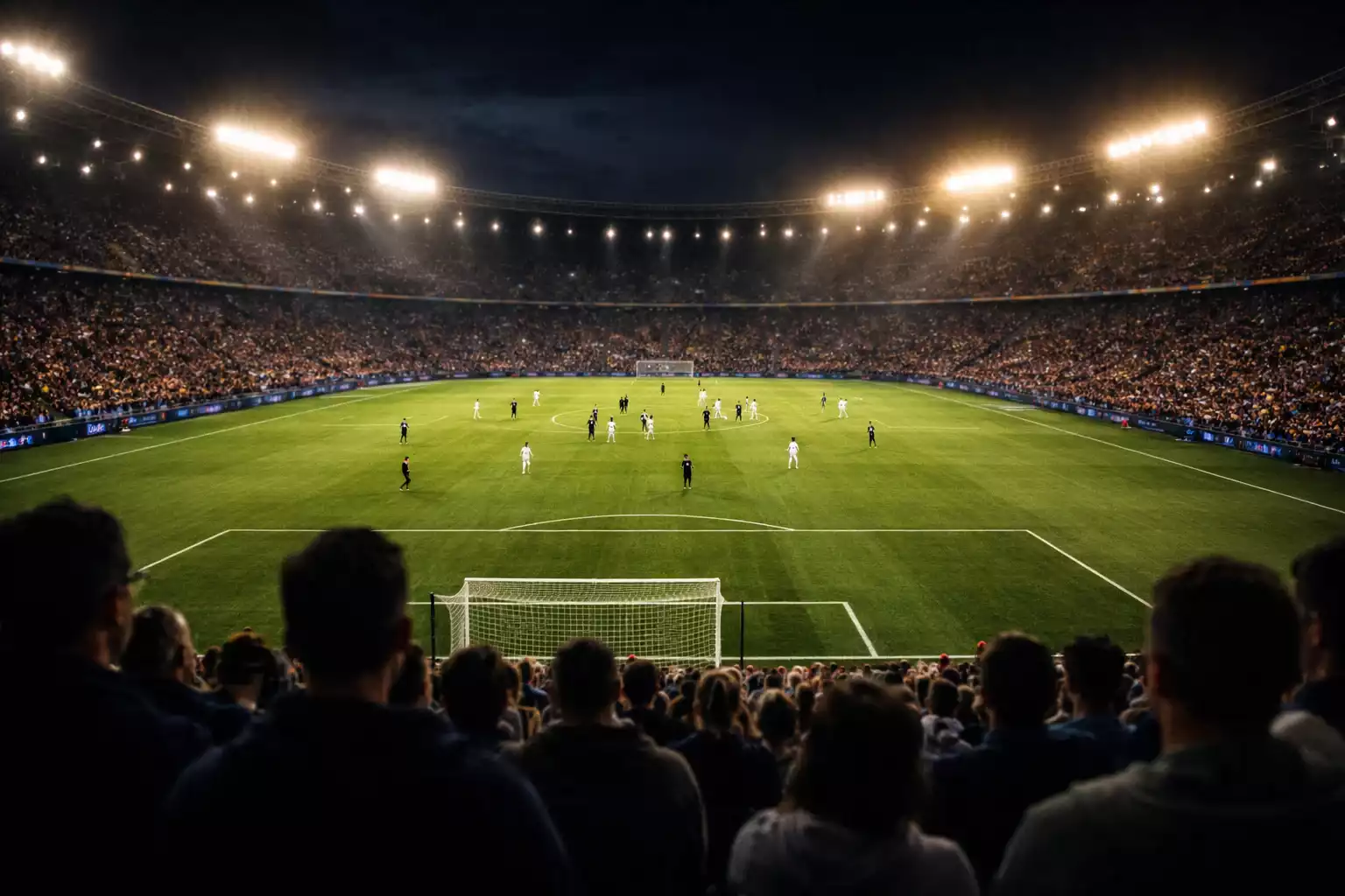 Estadio de fútbol iluminado durante un partido nocturno con aficionados en las gradas