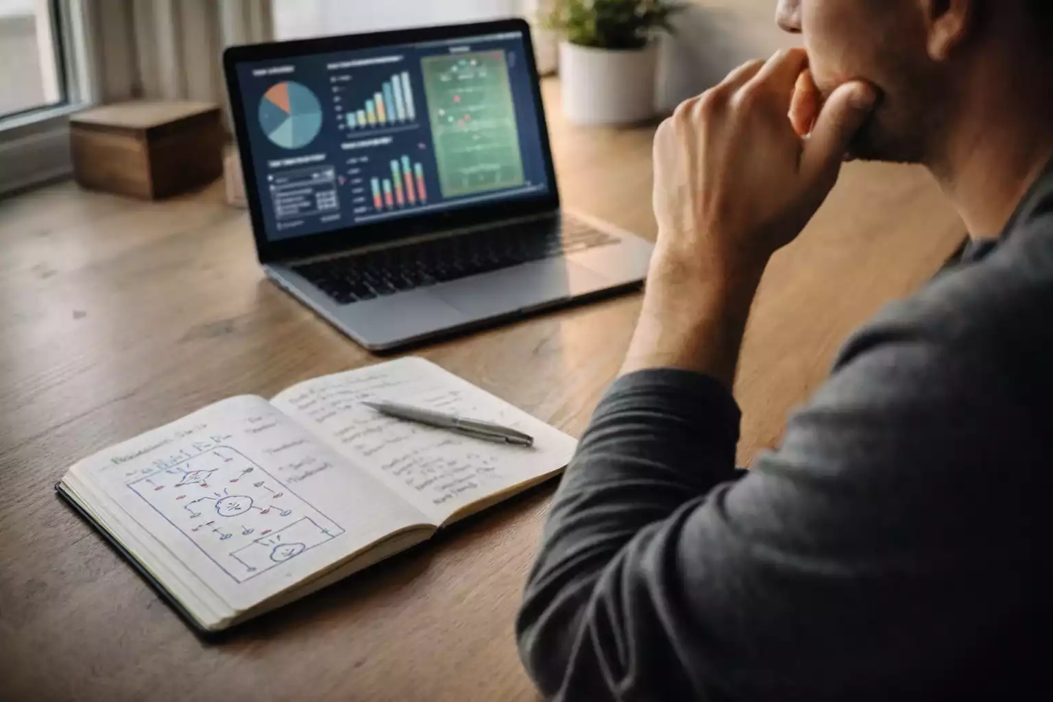 Persona analizando estadísticas de fútbol con bloc de notas