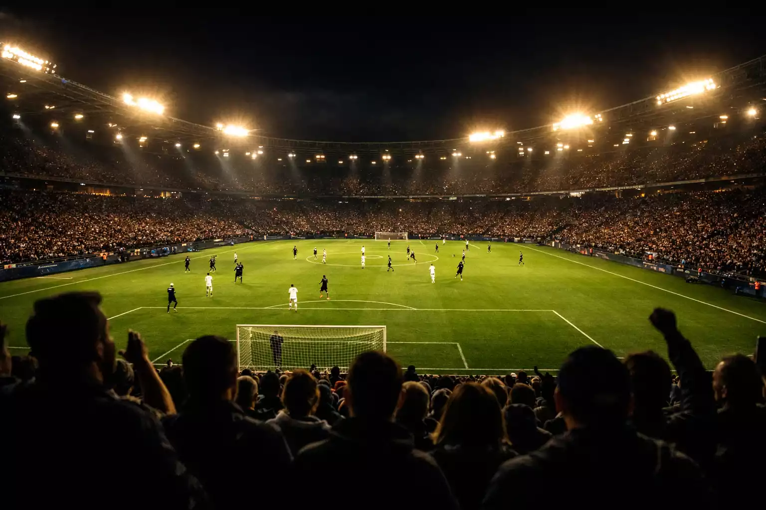Estadio de fútbol iluminado con aficionados viendo un partido nocturno