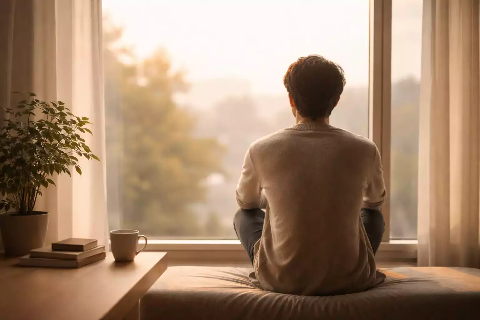 Persona reflexionando frente a una ventana con luz natural entrando en la habitación