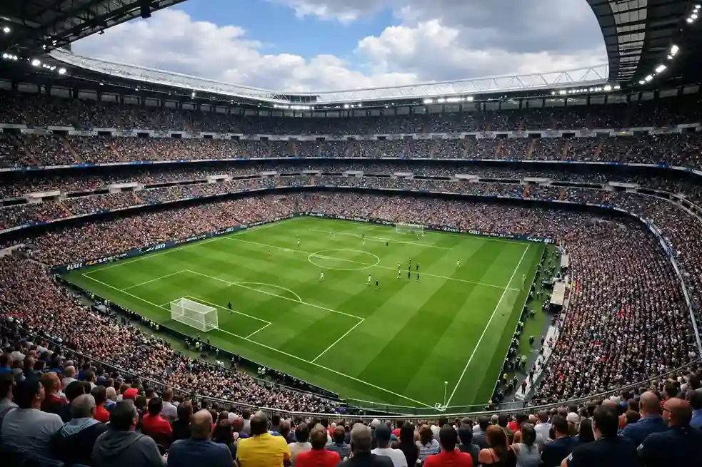 Vista panorámica de un estadio de fútbol moderno durante un partido de liga