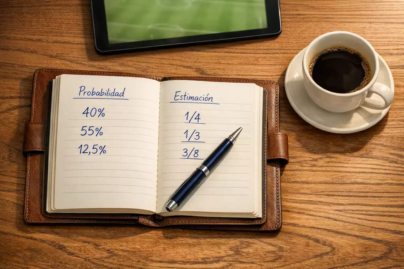 Vista cenital de un cuaderno con anotaciones de probabilidades junto a un campo de fútbol