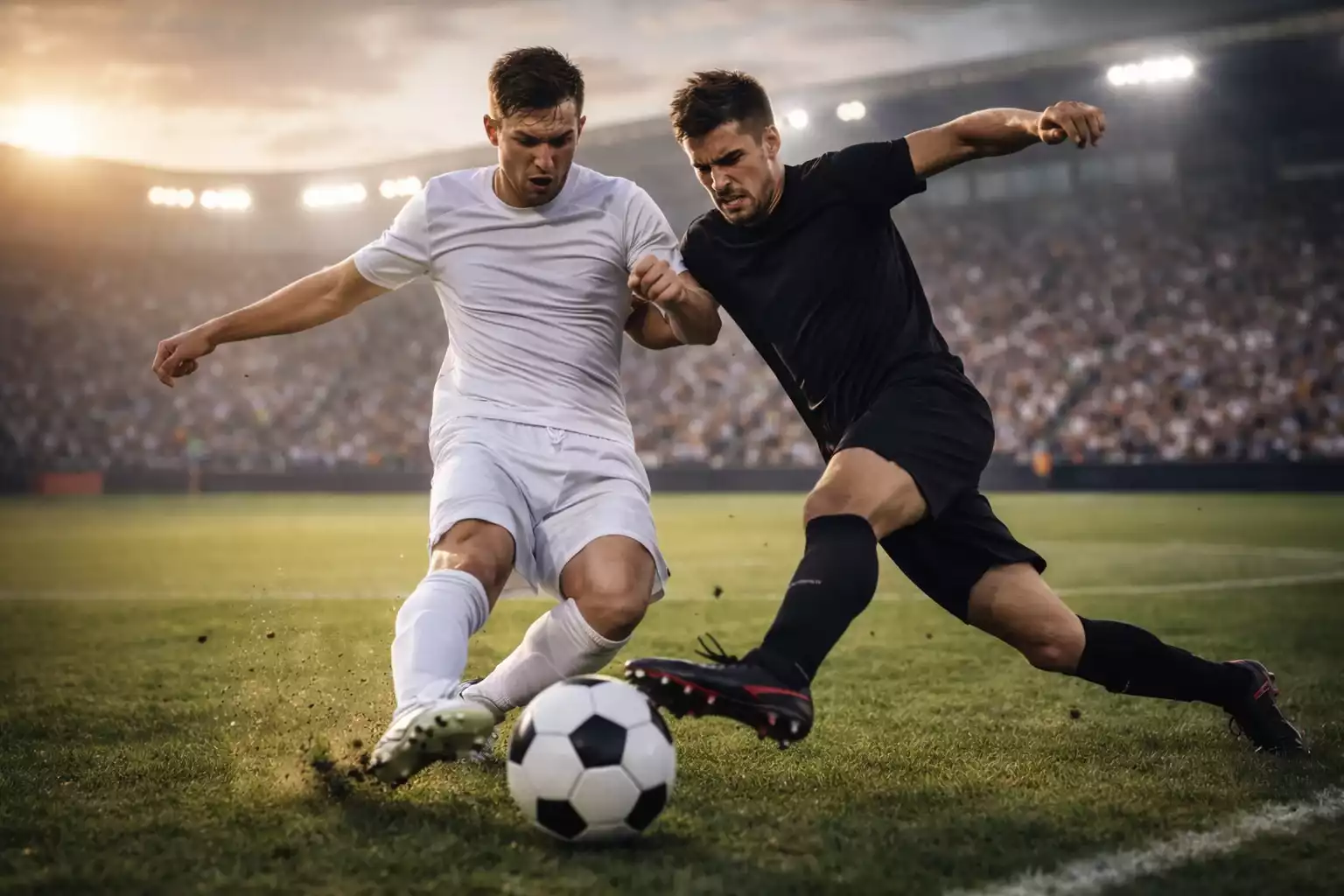 Jugadores de fútbol disputando un balón en un campo de césped natural