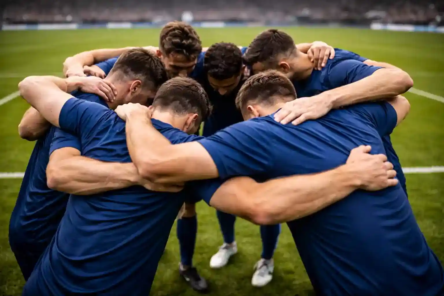 Equipo de f&uacute;tbol reunido en c&iacute;rculo antes del partido
