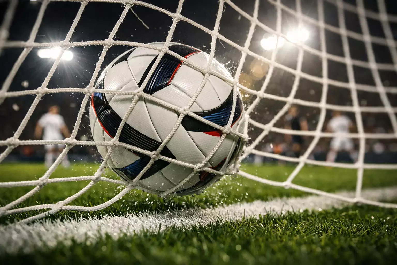 Balón de fútbol entrando en la portería con la red deformándose visto desde dentro del arco
