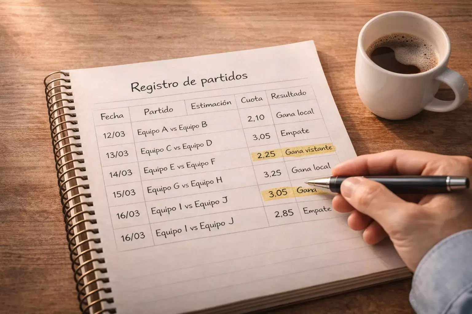 Hoja de cálculo impresa con estadísticas de apuestas junto a un bolígrafo y un café