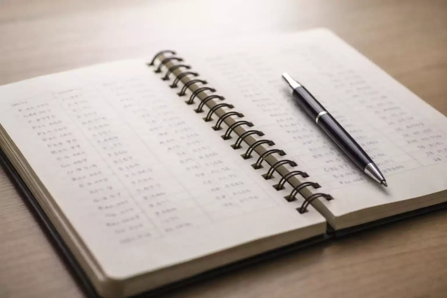 Libreta abierta con anotaciones y bol&iacute;grafo sobre escritorio