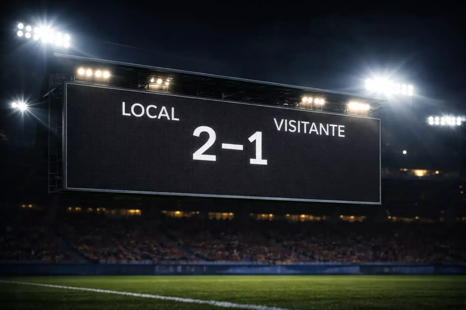 Marcador luminoso de un estadio de fútbol mostrando un resultado ajustado bajo los focos nocturnos