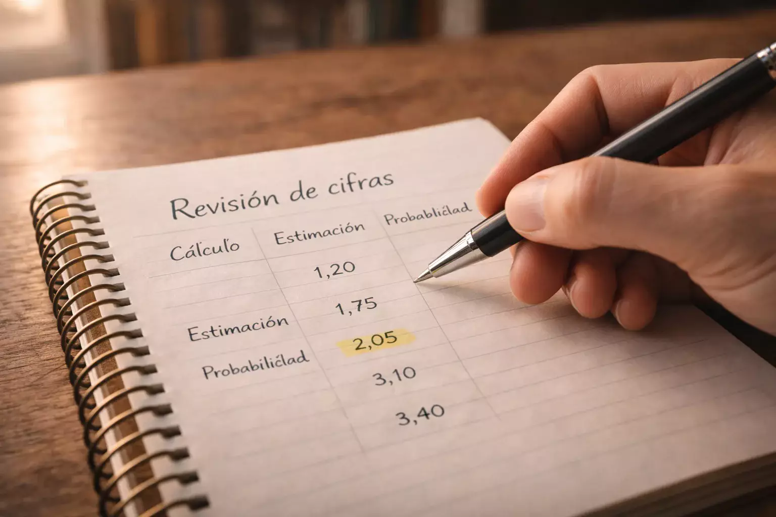 Bolígrafo señalando una cifra en un cuaderno de apuestas sobre un escritorio ordenado
