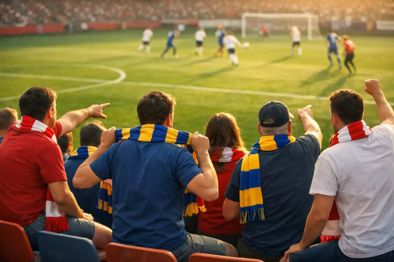 Aficionados en la grada de un estadio de fútbol siguiendo un partido con atención