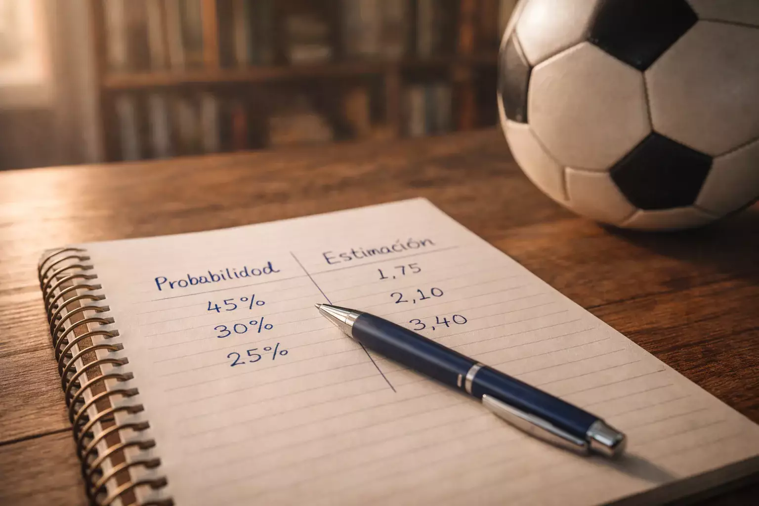 Cuaderno con anotaciones de probabilidades sobre una mesa junto a un balón de fútbol