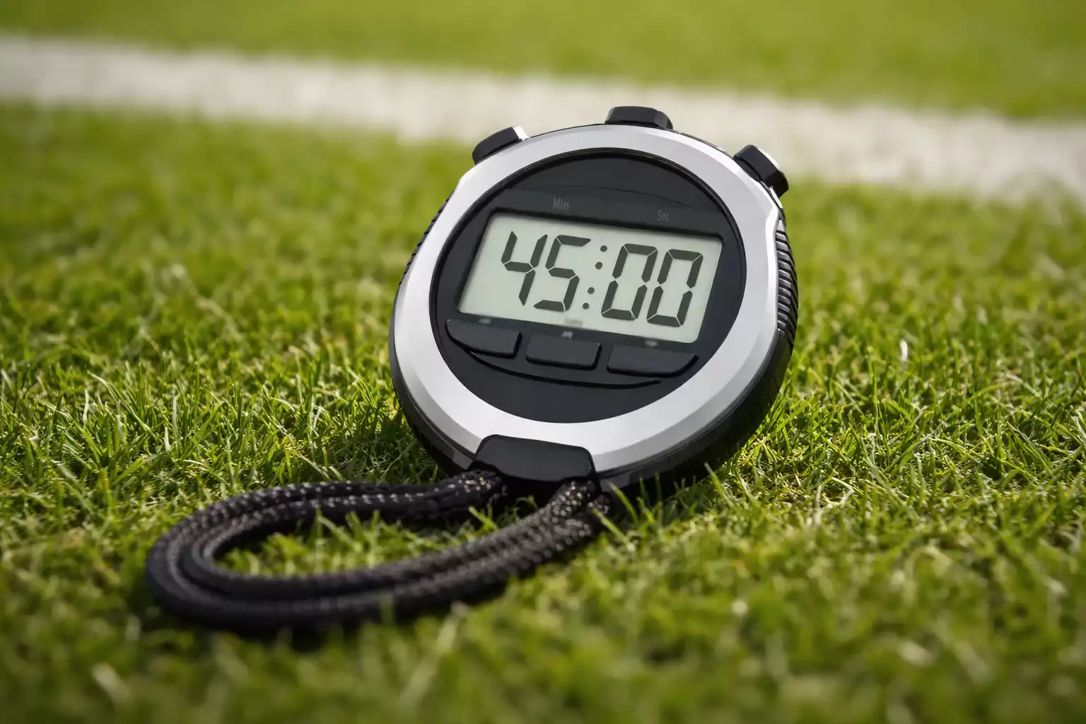 Cron&oacute;metro sobre c&eacute;sped de campo de f&uacute;tbol